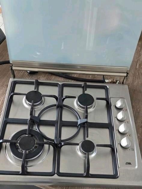 RVS Gaskookplaat met Gietijzeren Pannendragers en Wokhouder, Ophalen, Gebruikt, 4 kookzones, Gas