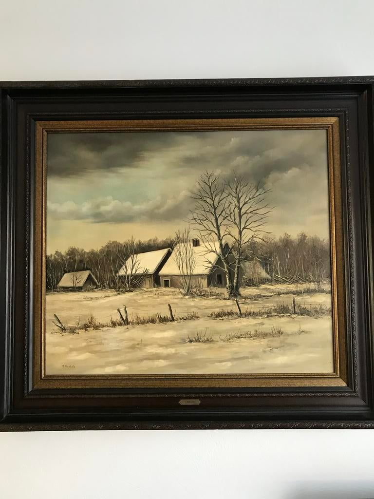 Olieverf Schilderij Winterlandschap met Eikenhouten Lijst, Ophalen of Verzenden