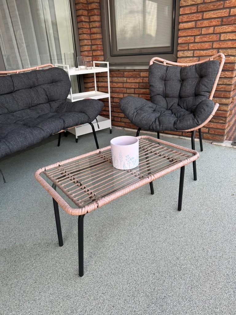 Stijlvolle tuinset met bank, stoel en salontafel, Ophalen, Gebruikt, Rotan, 3 zitplaatsen