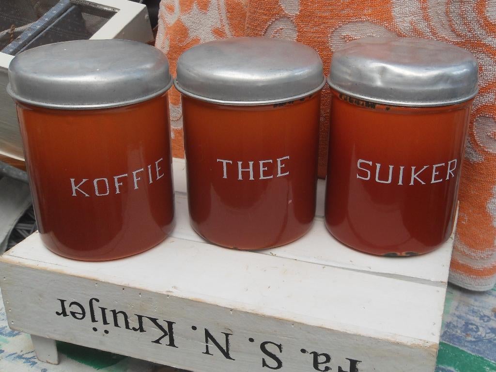 emaille bussenset/ koffiebus/ theebus/ suikerbus email, Antiek en Kunst, Antiek | Emaille, Ophalen of Verzenden