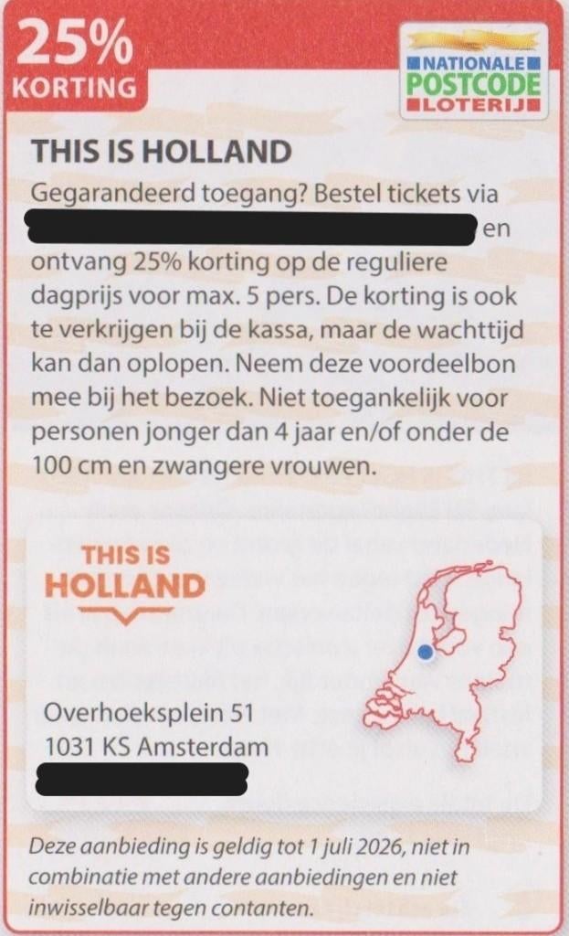 THIS IS HOLLAND. Amsterdam. 25% korting. Postcodeloterij bon, Drie personen of meer, Kortingskaart