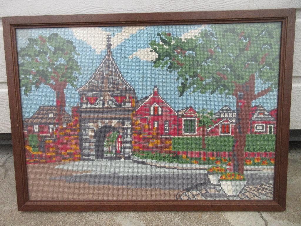 Geborduurd schilderij met gekleurde huizen Schoonhoven, Minder dan 50 cm, Gebruikt, Ophalen of Verzenden, Schilderij