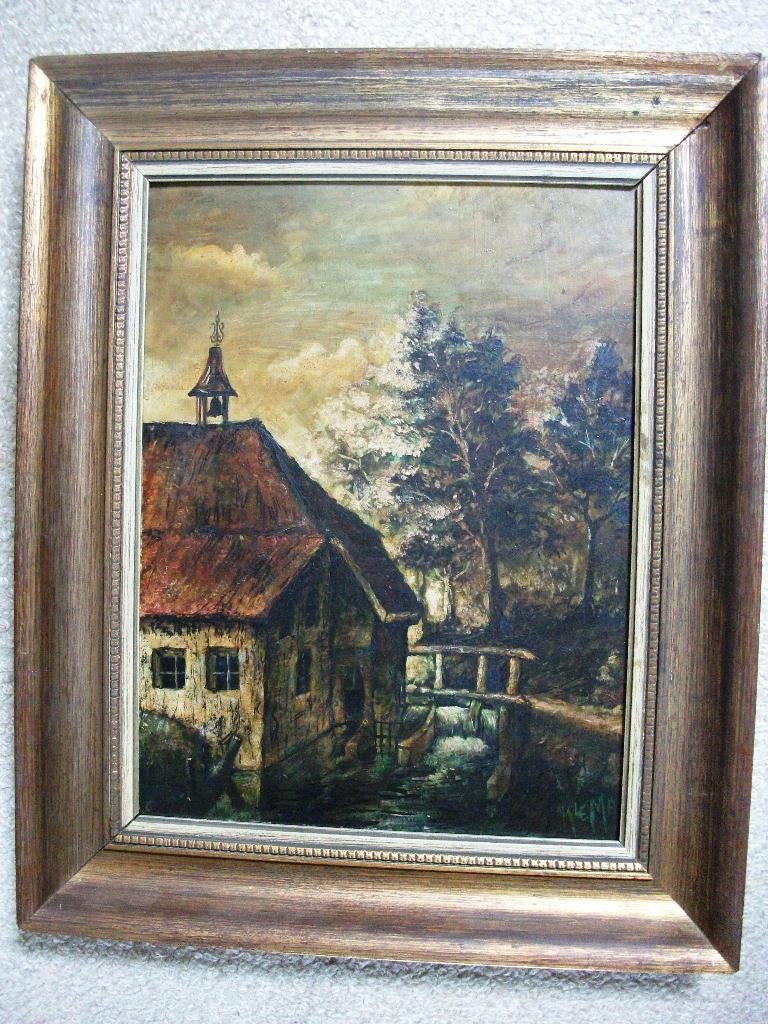 Watermolen ~ 1950 - Gesigneerd - paneel - gelijst, Antiek en Kunst, Kunst | Schilderijen | Klassiek, Ophalen of Verzenden