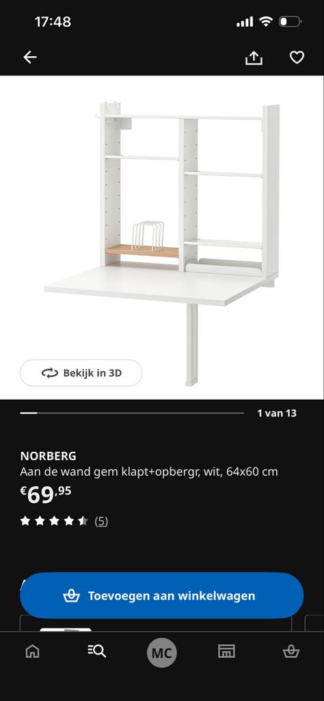 IKEA NORBERG wandbureau met opbergruimte, wit, Huis en Inrichting, Bureaus, Opbergruimte, Gebruikt, Spaanplaat of MDF, Ophalen of Verzenden