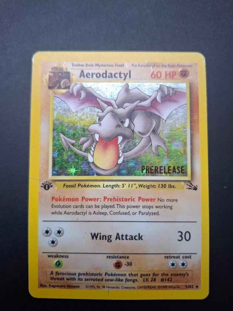 Aerodactyl 1/62 1ste editie holo PRESALE! MP, Hobby en Vrije tijd, Verzamelkaartspellen | Pokémon, Ophalen of Verzenden, Gebruikt