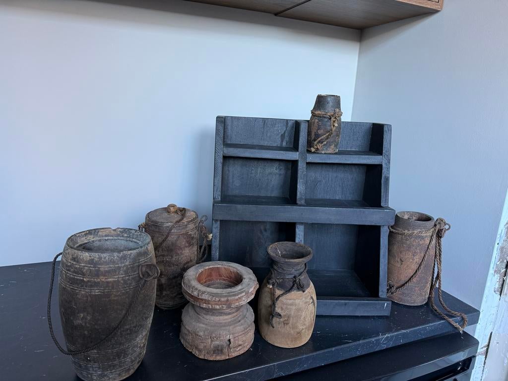 Decoratieve potten, gutterbak en kandelaar, Huis en Inrichting, Woonaccessoires | Overige, Hout, Gebruikt, Ophalen of Verzenden