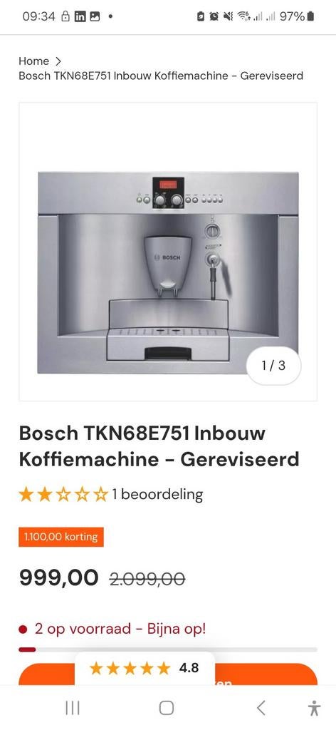 Bosch TKN68E751 Inbouw Koffiemachine - Gereviseerd, Witgoed en Apparatuur, Koffiezetapparaten, Ophalen, Koffiemachine
