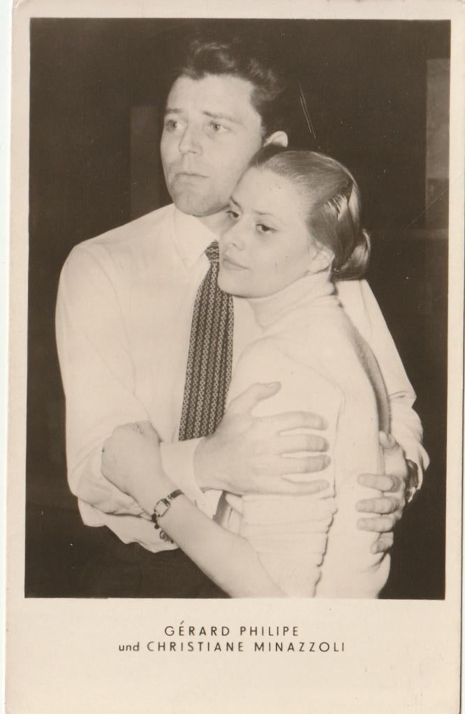 Oude Kaart Gérard Philipe & Christiane Minazzoli, Verzenden, 1940 tot 1960, Ongelopen, Sterren en Beroemdheden