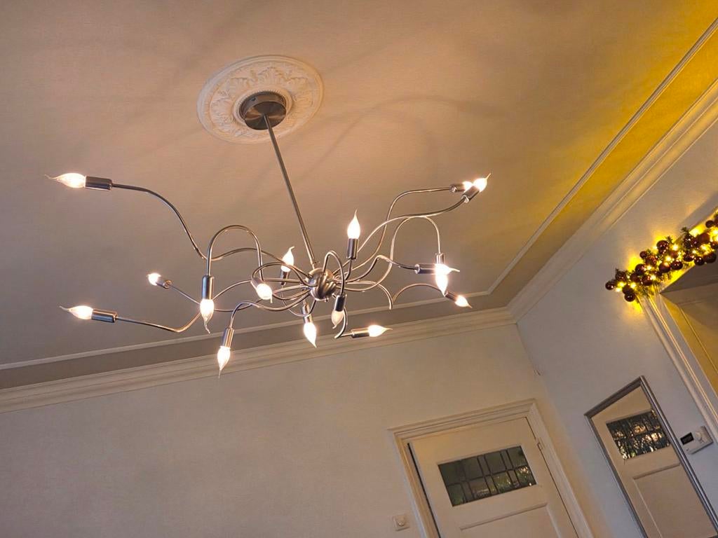 Hanglamp nikkel met 16 x E14 ook geschikt voor LED, Huis en Inrichting, Lampen | Plafondlampen, Ophalen, Zo goed als nieuw, Metaal