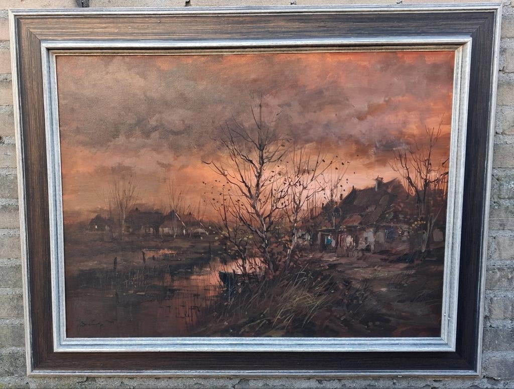 Joop Smits(1938-2014),Avondrood.  Olie/doek.  97/78 cm., Antiek en Kunst, Kunst | Schilderijen | Klassiek, Ophalen