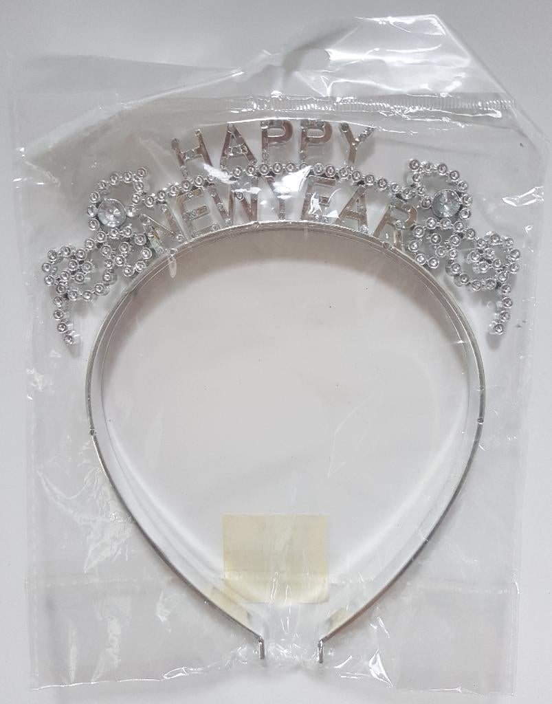 Diadeem HAPPY NEW YEAR, zilverkleurig 2st, oud en nieuw, Ophalen of Verzenden, Nieuw, Hoed of Pruik, Overige