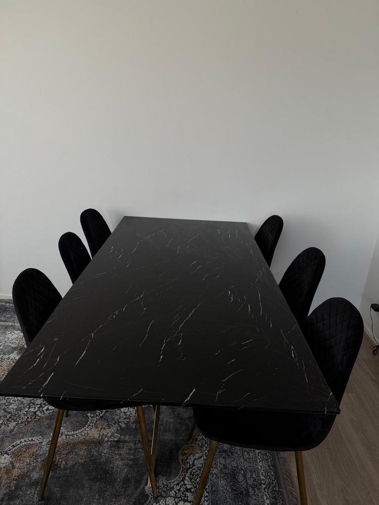 Moderne eettafel met 6 stoelen - Zwart marmerlook & goud, Huis en Inrichting, Tafels | Eettafels, Ophalen, 50 tot 100 cm, Zo goed als nieuw