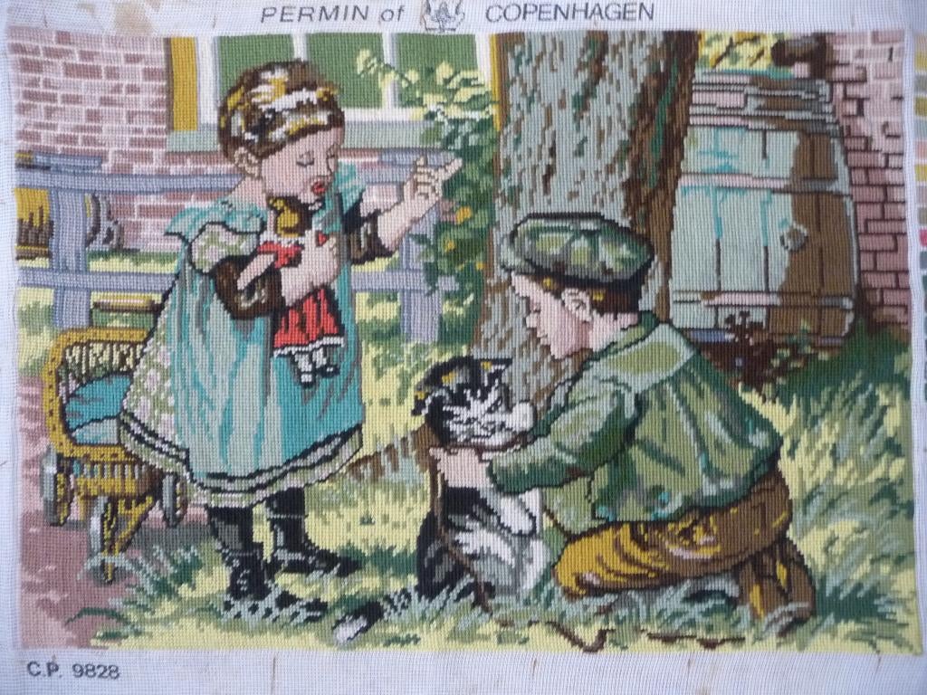 Borduurwerk "Ot en Sien"(poes), Ophalen of Verzenden, Gebruikt, Handborduren, Onderdeel of Toebehoren