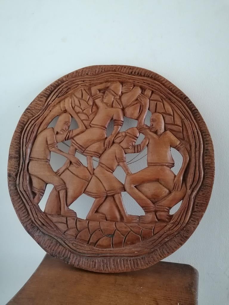 Houten wandbord bord houtsnijwerk etnisch 41 cm, Ophalen of Verzenden