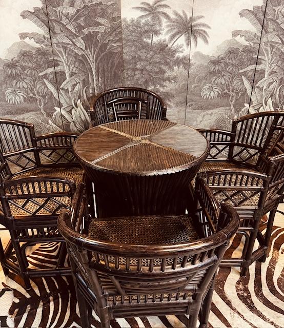 Brighton eethoek met rookglazen blad en 4 bamboe stoelen, Ophalen, Gebruikt, 100 tot 150 cm, Rond