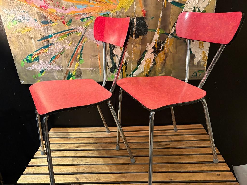 Set Vintage Rode Formica Buizenframe Stoeltjes., Ophalen