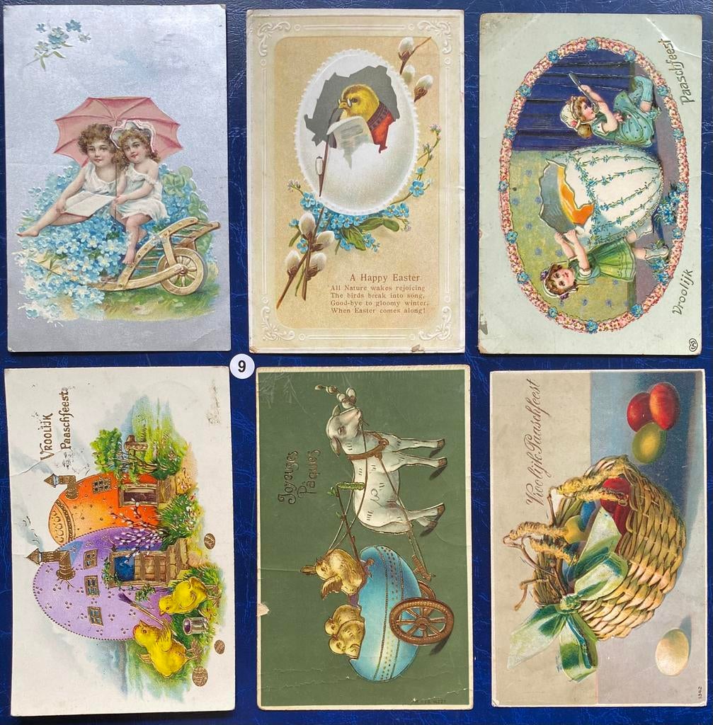 6 x Paaskaarten ansicht antiek gepreegd zeer oud 1900-1950, Gebruikt, Ophalen of Verzenden, X, X