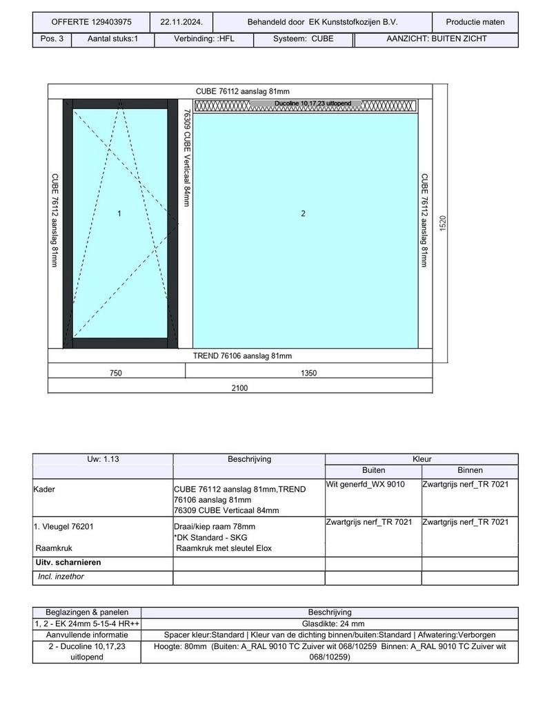 kunststof kozijn 1520x2100mm, Ophalen, Kunststof, Raamkozijn, Nieuw