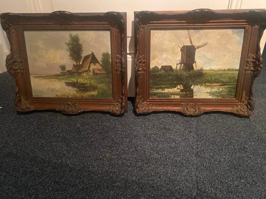 Twee Schilderijen met Molen en Boerderij, Antiek en Kunst, Ophalen of Verzenden