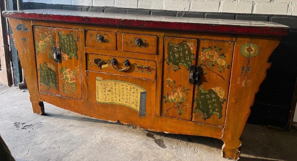 Chinees Tibetaans dressoir handbeschilderd kast chinese, Verburgt Vintage, Gebruikt, Met deur(en), 150 tot 200 cm