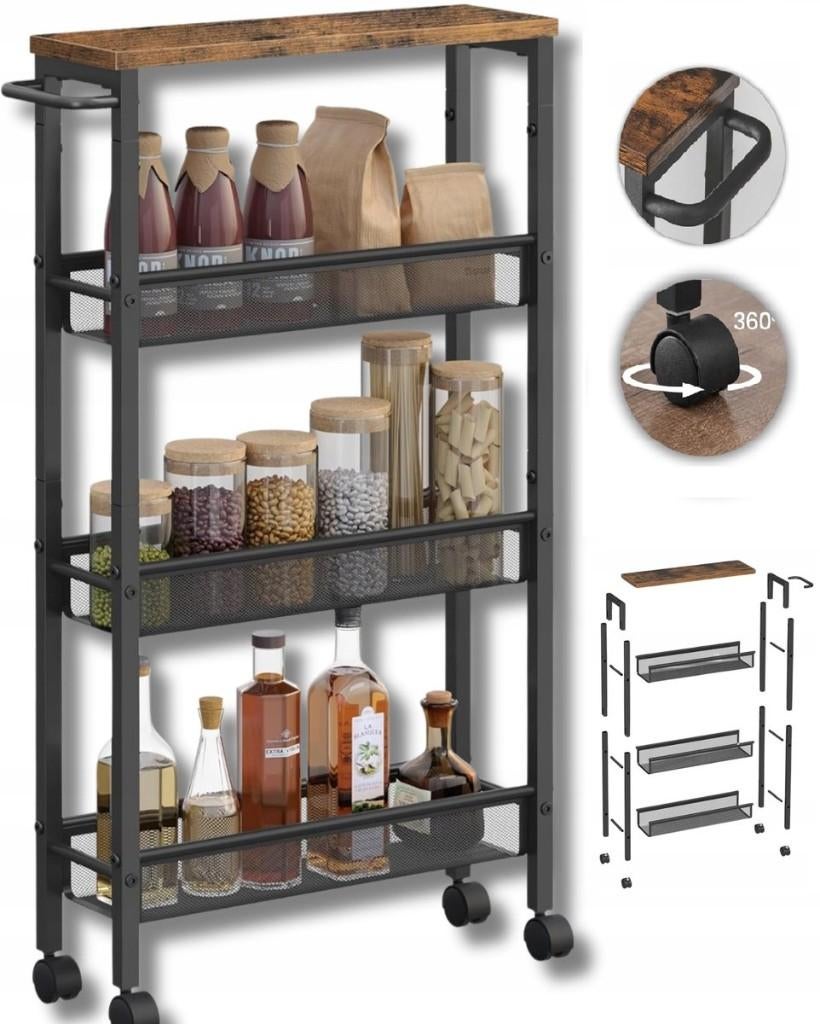 Keukentrolley op Wieltjes–Serveertrolley-3 Lagen-41x77x7cm, Minder dan 50 cm, Bruin, Nieuw, Ophalen of Verzenden