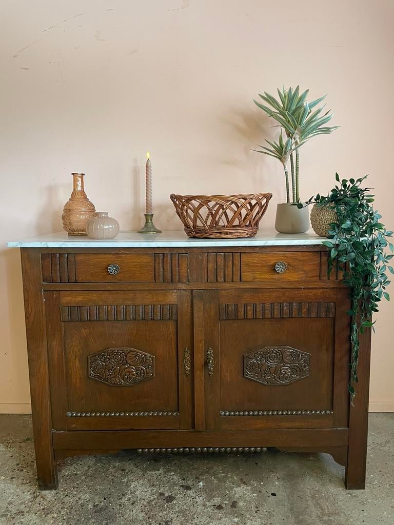 Vintage houten commode met wit marmeren blad, Ophalen, Gebruikt