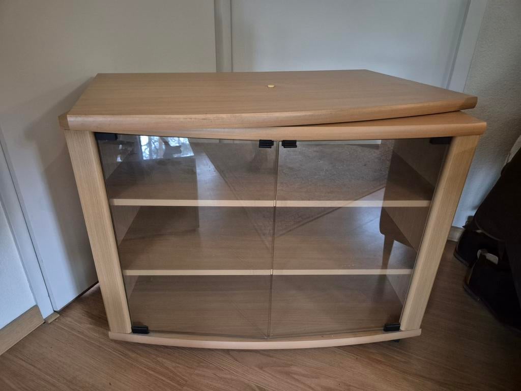 Tv/audiomeubel met draaiplateau en glazen deuren, Ophalen, Gebruikt, Glas, 50 tot 100 cm