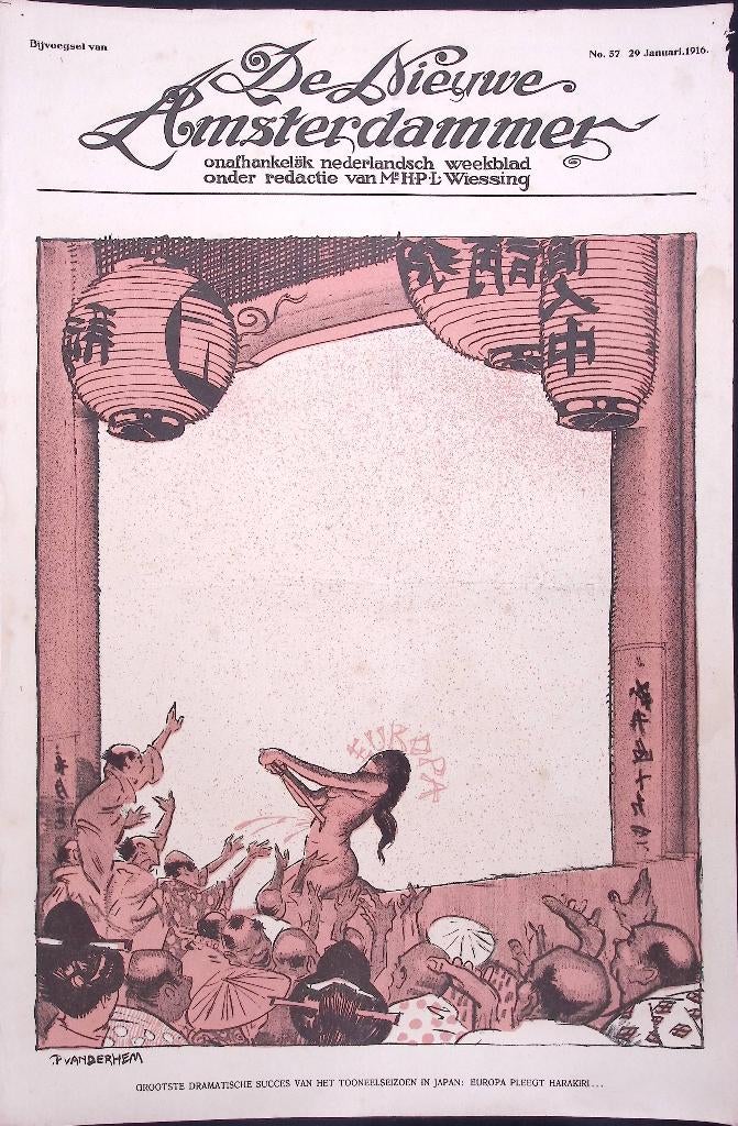 Spotprent over de Oorlog in Europa met Japans perspectief, Antiek en Kunst, Kunst | Litho's en Zeefdrukken, Ophalen