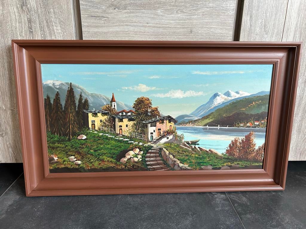 Schilderij landschap, dorpje (95x45cm) gesigneerd vos, Antiek en Kunst, Kunst | Schilderijen | Klassiek, Ophalen