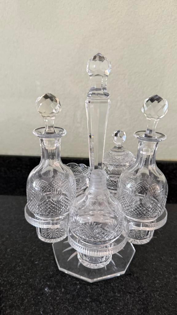 Antiek gave kristallen houder met inhoud : 5-delige set., Antiek en Kunst, Antiek | Glas en Kristal, Verzenden