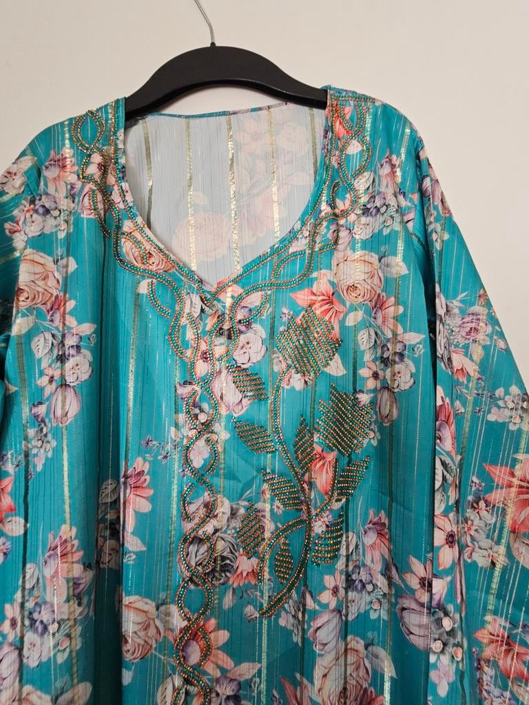 Turquoise dubai  migwar met bloemenprint en borduursels, Maat 42/44 (L), Nieuw, Ophalen of Verzenden, Onbekend