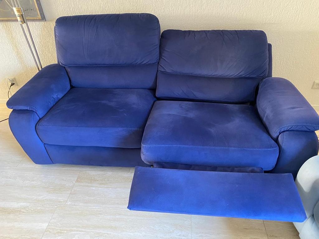 Blauwe zitsbank en lichtblauwe fauteuil, Huis en Inrichting, Ophalen, Gebruikt, 150 tot 200 cm, Tweepersoons