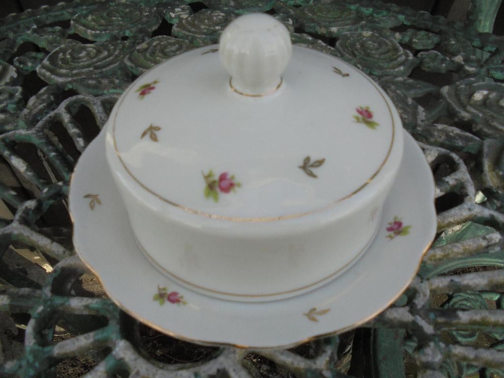 Botervloot Bavaria R met roze roosjes en goud blaadjes, Ophalen of Verzenden