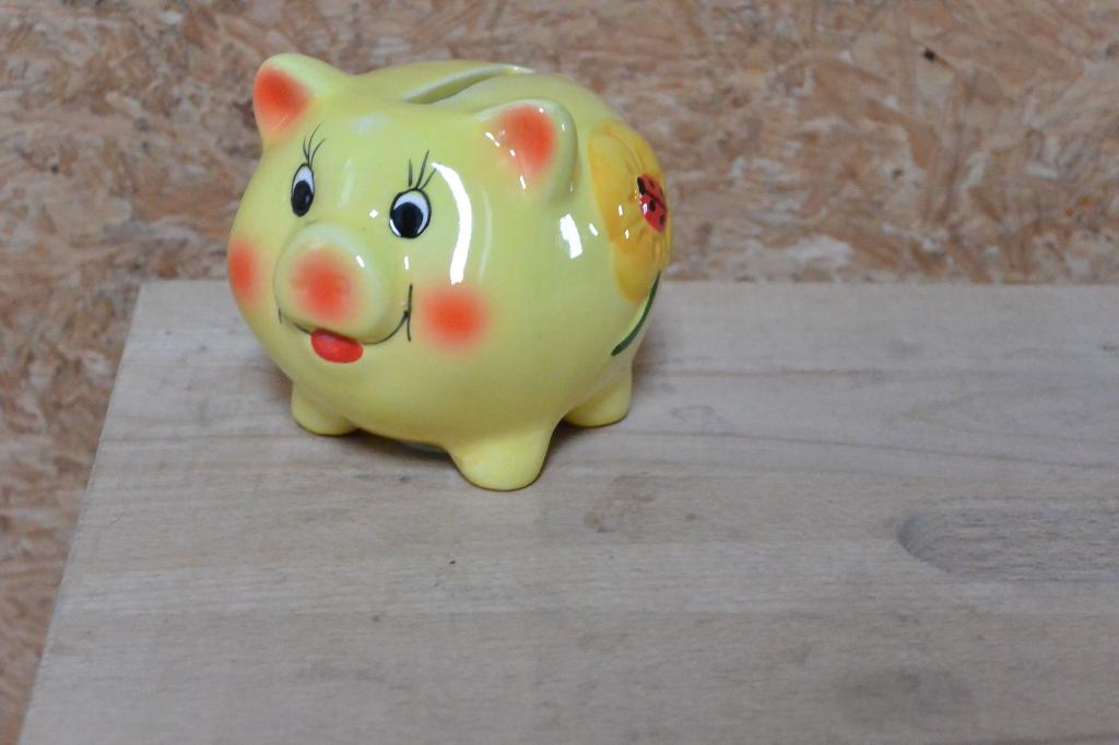 Geel stenen spaarvarken., Verzamelen, Spaarpotten, Zo goed als nieuw, Dier, Steen, Aardewerk of Keramiek, Ophalen of Verzenden