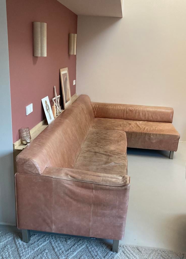 Hoekbank cognac leer (opknapper), Ophalen, 250 tot 300 cm, Gebruikt, Hoekbank