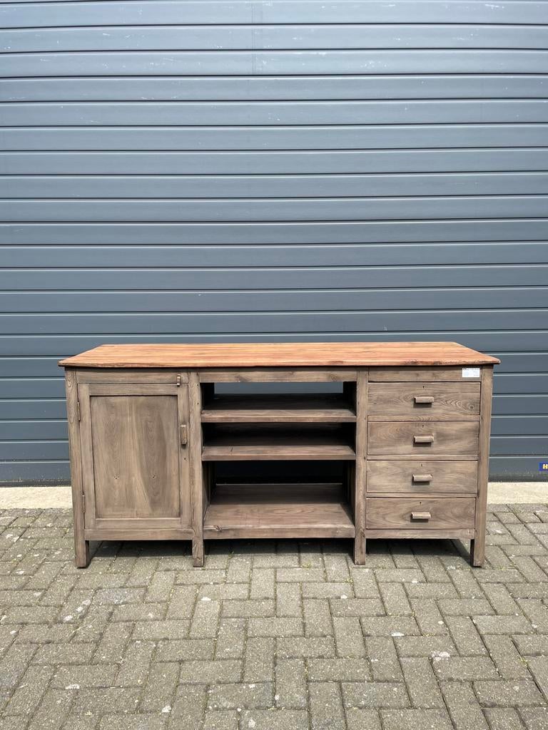 Antieke teakhouten toonbank/werkbank met lades en deurtje, Ophalen of Verzenden