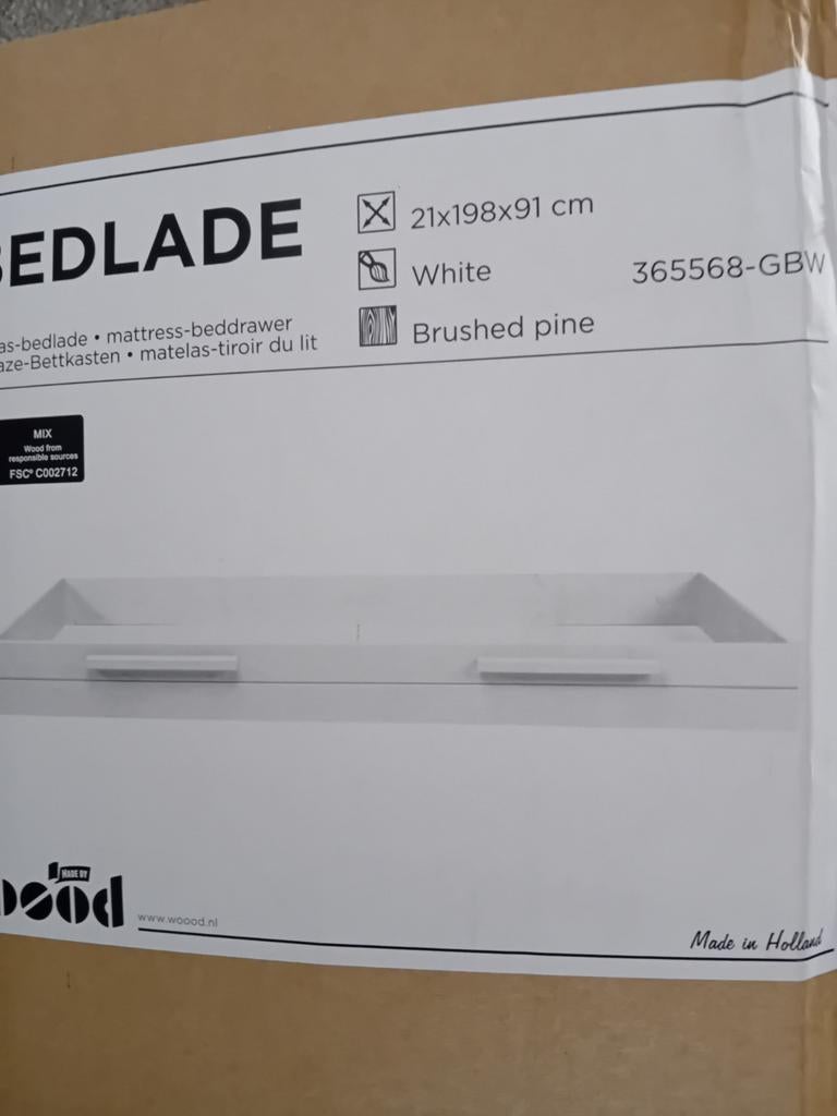 Nieuwe WOood bedlade/onderbed in doos, Ophalen, Nieuw, Eenpersoons, 90 cm