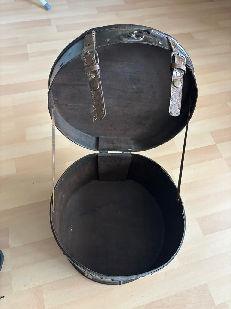 Vintage ronde koffer/hoedendoos van hout en leer, Ophalen