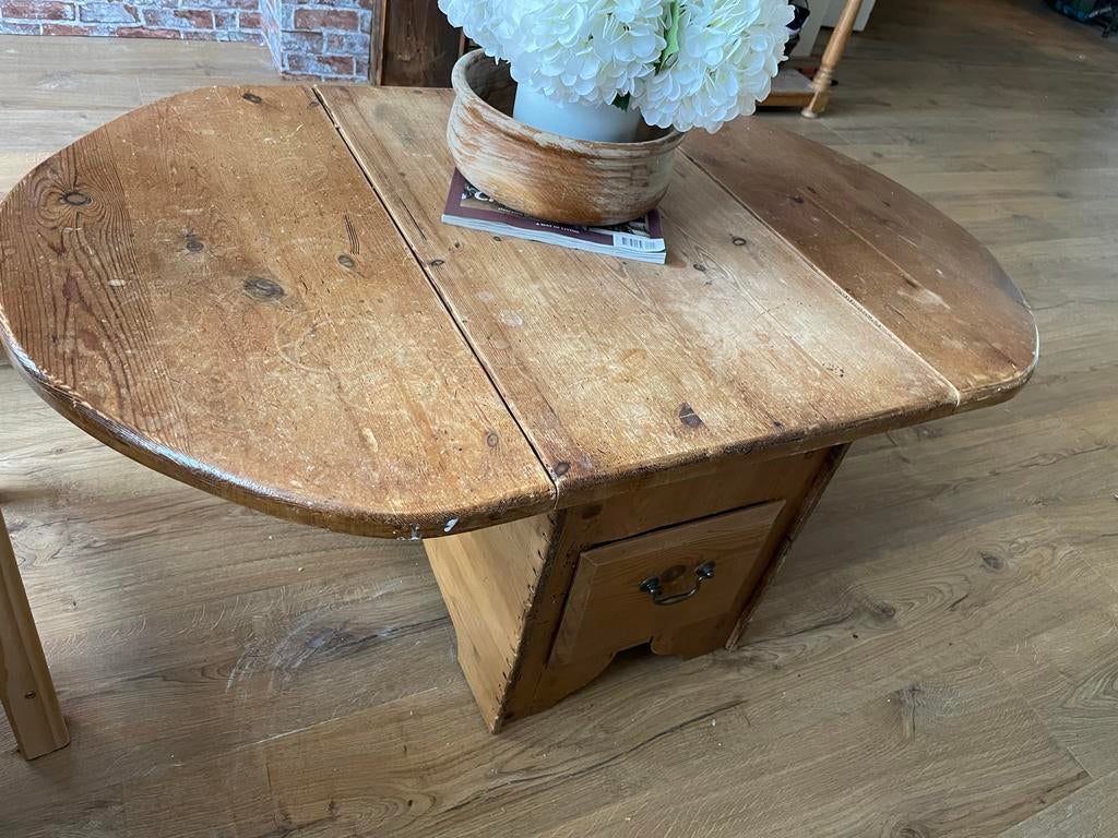 Antieke houten hangoor salon tafel met lade, Ophalen, Gebruikt, 100 tot 150 cm, Tot twee personen