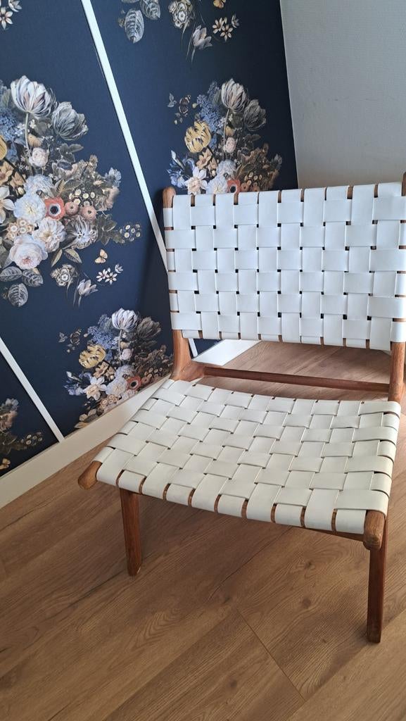 Loungestoel Ibiza Outdoor teak en wit leer, Huis en Inrichting, Stoelen, Ophalen, Wit, Leer, Eén