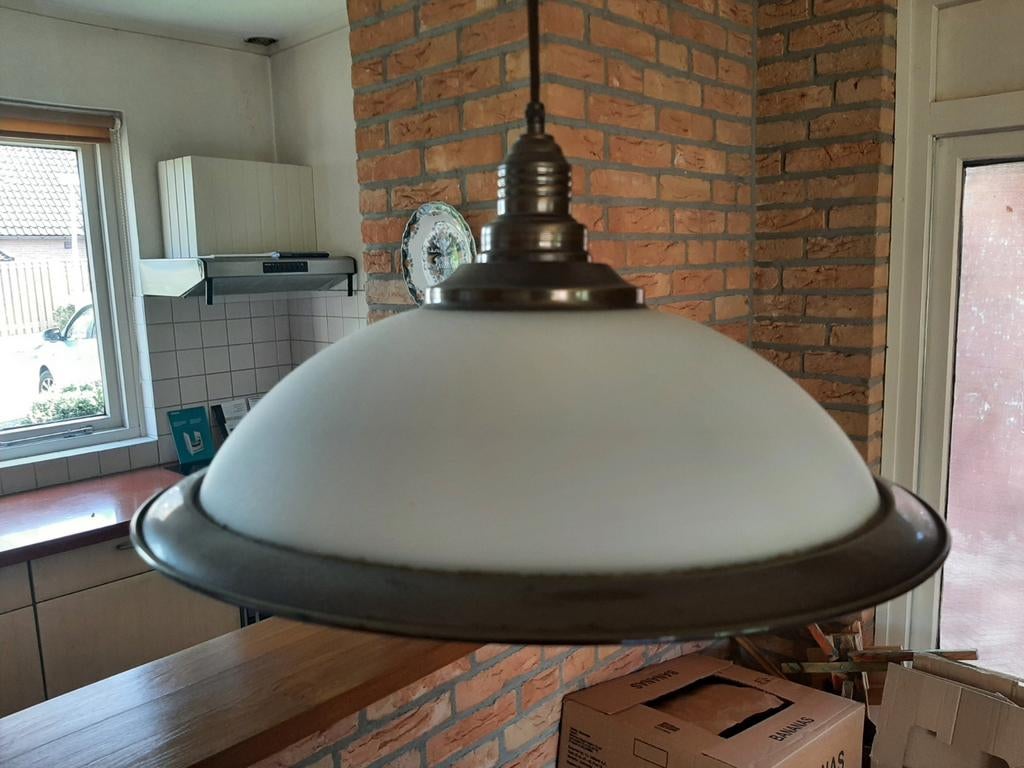 Vintage katrol hanglamp brons en glas, Huis en Inrichting, Lampen | Hanglampen, Ophalen, Zo goed als nieuw, Glas, 75 cm of meer