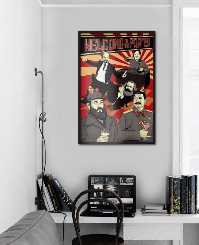 Poster.Welcome to the party.Stalin, Lenin. Castro, Mao, Marx, Verzamelen, Ophalen, Rechthoekig Staand, Deurposter of groter, Zo goed als nieuw