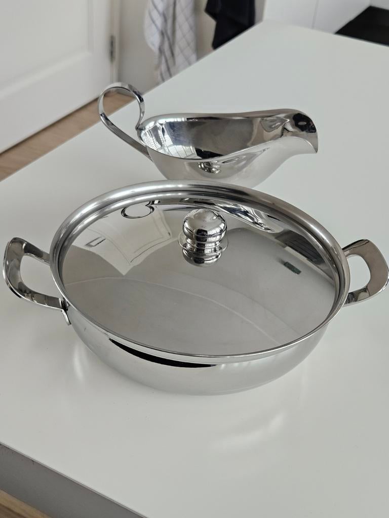 Vintage Gero zilmeta schaal 20cm en sauskom, Ophalen, Zo goed als nieuw, Rvs, Koekenpan of Braadpan