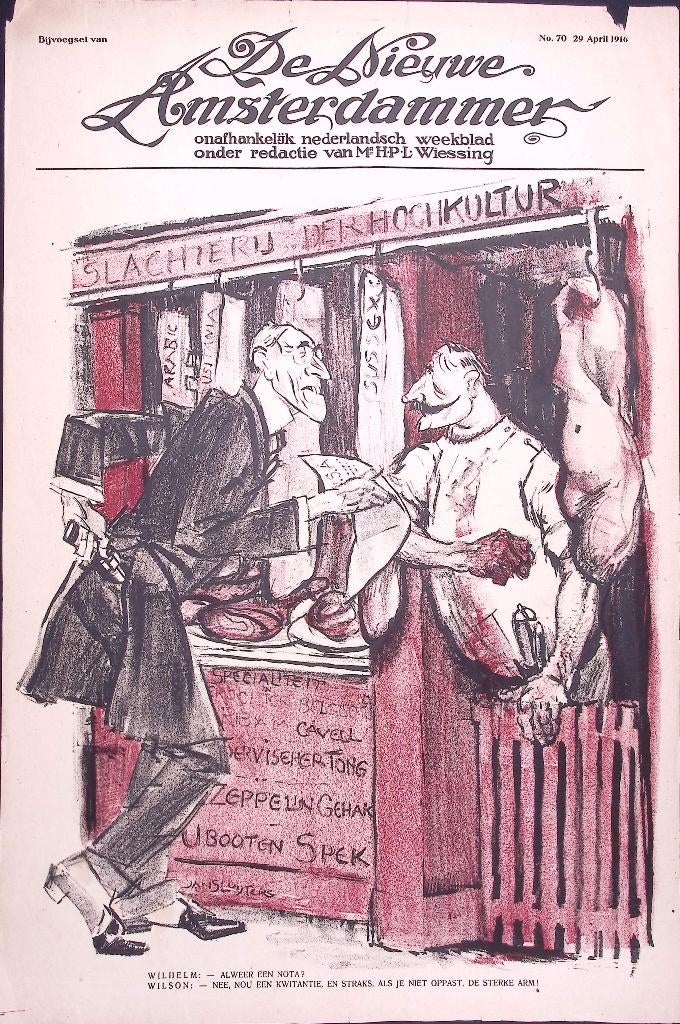 Wilhelm als slager in gesprek met Wilson op spotprent, Ophalen