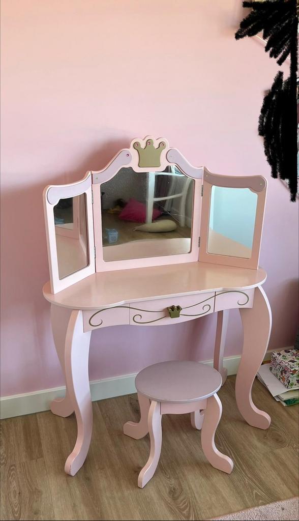 Roze prinsessen kaptafel met krukje, Gebruikt, 100 tot 150 cm, Hout, 50 tot 100 cm