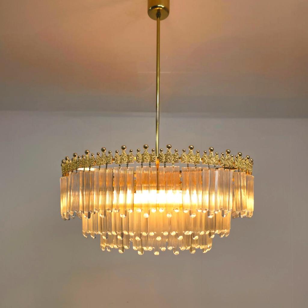 Vintage XL kroonluchter 70s kristal Hollywood regency goud, Huis en Inrichting, Ophalen of Verzenden, Gebruikt, Glas