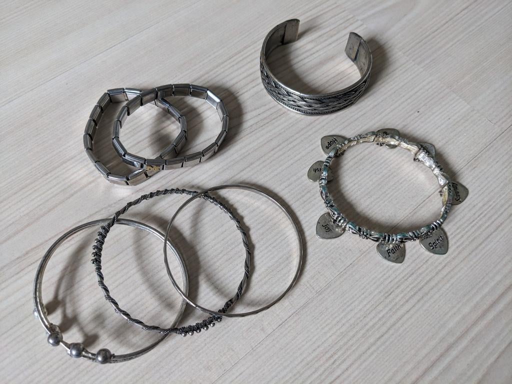 Zilverkleurige armbanden, 7 stuks, incl. schakelarmbanden, Ophalen, Gebruikt, Zilver
