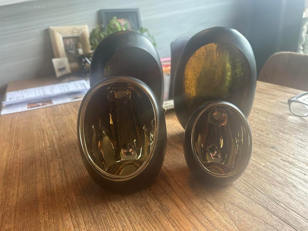 Ei kandelaren - zwart met goud - 4 stuks, Huis en Inrichting, Woonaccessoires | Kandelaars en Kaarsen, Gebruikt, Kandelaar, Minder dan 25 cm