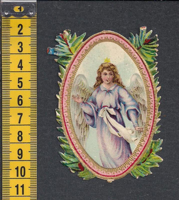 Kerst Zweefengel lila met goud antiek poezieplaatje (575), Ophalen of Verzenden