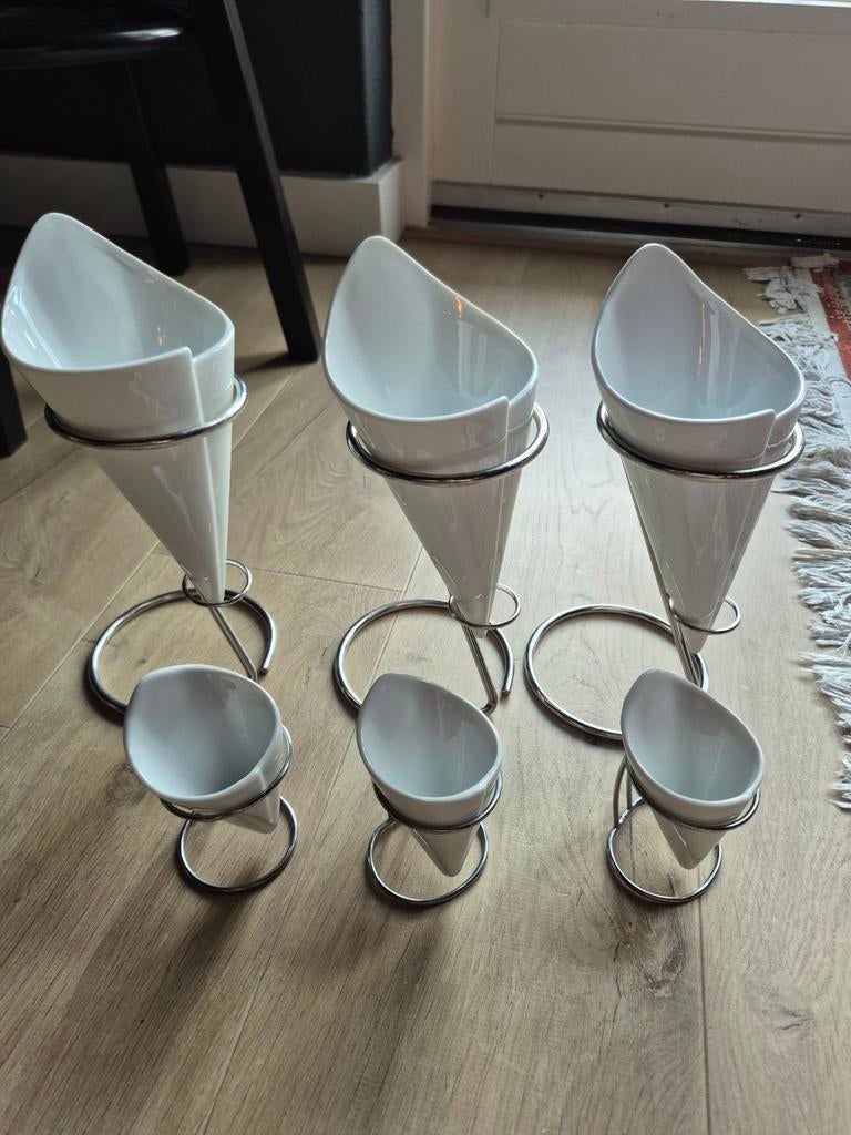 Keramische friet- en saus puntzak + houders, Ophalen of Verzenden, Zo goed als nieuw